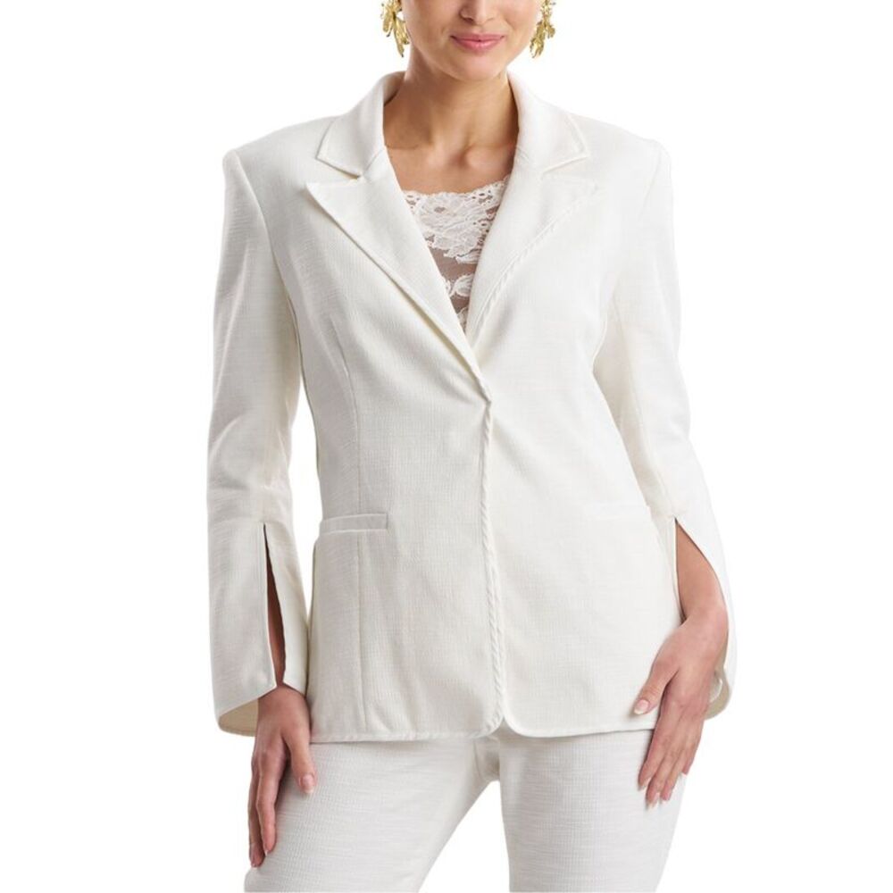 Natori Womens  Stretch Basketweave Cuffed Jacket, White
